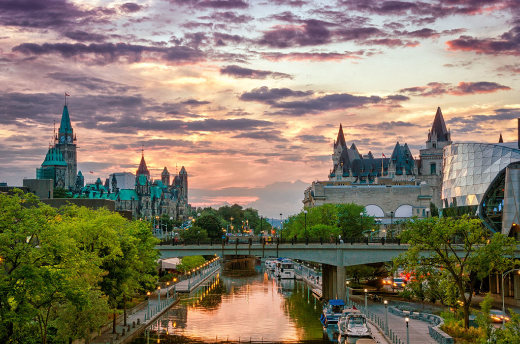 City of Ottawa landscape - Rideau Canal, Parliament, Chateau Laurier, Shaw Centre